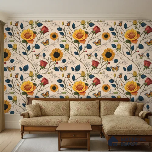 Beige Floral Roses Sunflowers with Butterflies Artistic Charm Designer | WP 03929 Non Woven Matte Finish Florals Style Premium Customized size Wallpaper | 150 GSM WP01MTF Paper | (MOQ = 30 Sq. Ft.)