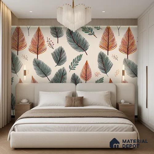 Beige Scandinavian Style Leaf Abstract Serenity Art | WP 03930 B Canvas Texture Finish Tropical Style luxurious Customized size Wallpaper | 250 GSM WP01CNF Paper | (MOQ = 30 Sq. Ft.)