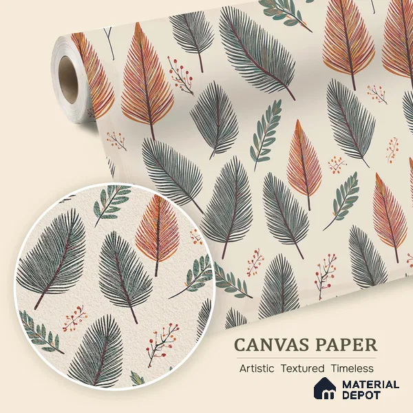 Beige Scandinavian Style Leaf Abstract Serenity Art | WP 03930 B Canvas Texture Finish Tropical Style luxurious Customized size Wallpaper | 250 GSM WP01CNF Paper | (MOQ = 30 Sq. Ft.)