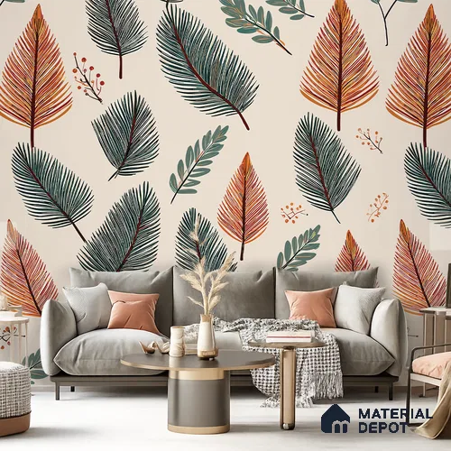 Beige Scandinavian Style Leaf Abstract Serenity Art | WP 03930 Non Woven Matte Finish Tropical Style Premium Customized size Wallpaper | 150 GSM WP01MTF Paper | (MOQ = 30 Sq. Ft.)
