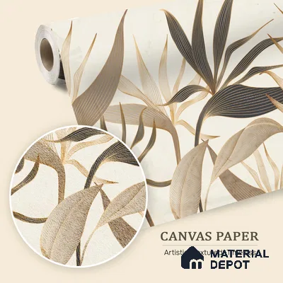 Cream Abstract Tropical with Gold Accents Leafy Hues Botanical Wall Art | WP 03931 B Canvas Texture Finish Tropical Style luxurious Customized size Wallpaper | 250 GSM WP01CNF Paper | (MOQ = 30 Sq. Ft.)