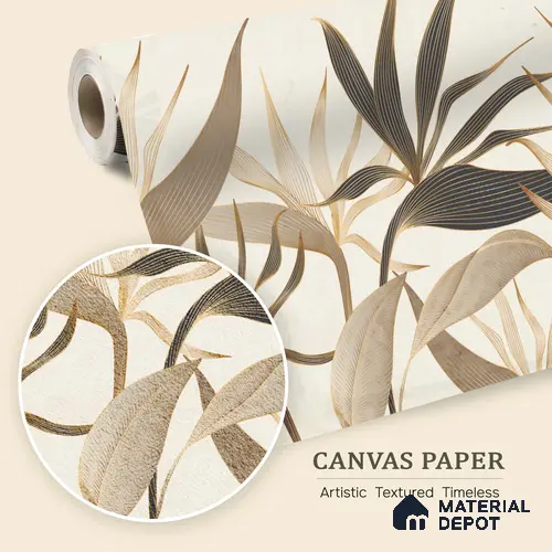 Cream Abstract Tropical with Gold Accents Leafy Hues Botanical Wall Art | WP 03931 B Canvas Texture Finish Tropical Style luxurious Customized size Wallpaper | 250 GSM WP01CNF Paper | (MOQ = 30 Sq. Ft.)
