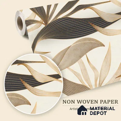Cream Abstract Tropical with Gold Accents Leafy Hues Botanical Wall Art | WP 03931 Non Woven Matte Finish Tropical Style Premium Customized size Wallpaper | 150 GSM WP01MTF Paper | (MOQ = 30 Sq. Ft.)