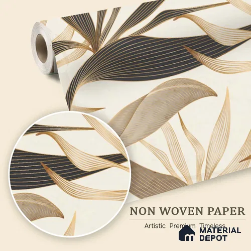 Cream Abstract Tropical with Gold Accents Leafy Hues Botanical Wall Art | WP 03931 Non Woven Matte Finish Tropical Style Premium Customized size Wallpaper | 150 GSM WP01MTF Paper | (MOQ = 30 Sq. Ft.)