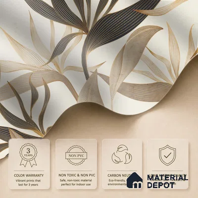 Cream Abstract Tropical with Gold Accents Leafy Hues Botanical Wall Art | WP 03931 B Canvas Texture Finish Tropical Style luxurious Customized size Wallpaper | 250 GSM WP01CNF Paper | (MOQ = 30 Sq. Ft.)