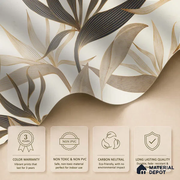 Cream Abstract Tropical with Gold Accents Leafy Hues Botanical Wall Art | WP 03931 B Canvas Texture Finish Tropical Style luxurious Customized size Wallpaper | 250 GSM WP01CNF Paper | (MOQ = 30 Sq. Ft.)