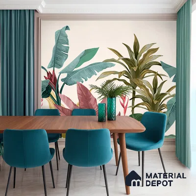 Cream Artistic Leaf Motif Botanical Wall Art | WP 03932 B Canvas Texture Finish Tropical Style luxurious Customized size Wallpaper | 250 GSM WP01CNF Paper | (MOQ = 30 Sq. Ft.)