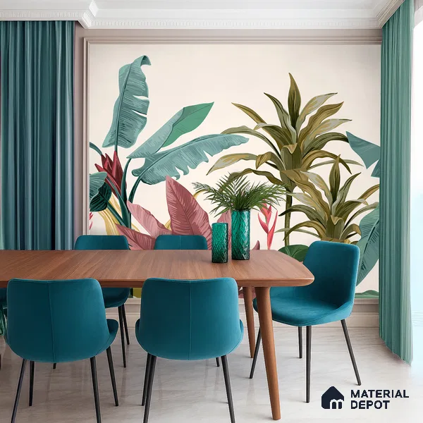 Cream Artistic Leaf Motif Botanical Wall Art | WP 03932 B Canvas Texture Finish Tropical Style luxurious Customized size Wallpaper | 250 GSM WP01CNF Paper | (MOQ = 30 Sq. Ft.)