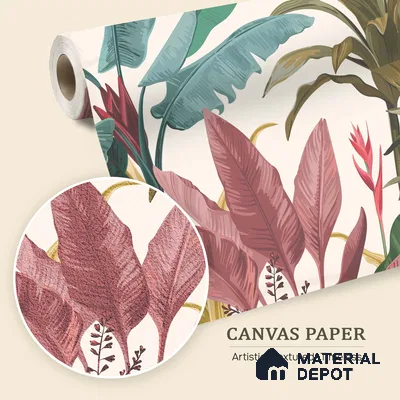 Cream Artistic Leaf Motif Botanical Wall Art | WP 03932 B Canvas Texture Finish Tropical Style luxurious Customized size Wallpaper | 250 GSM WP01CNF Paper | (MOQ = 30 Sq. Ft.)