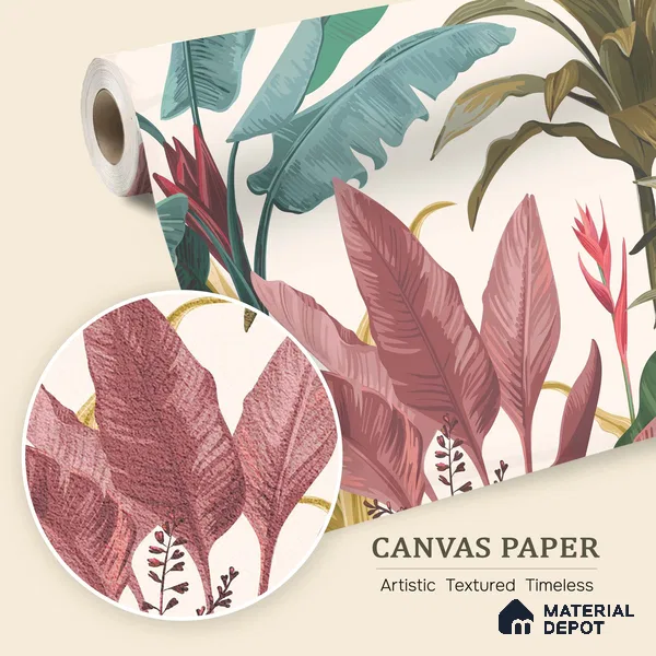 Cream Artistic Leaf Motif Botanical Wall Art | WP 03932 B Canvas Texture Finish Tropical Style luxurious Customized size Wallpaper | 250 GSM WP01CNF Paper | (MOQ = 30 Sq. Ft.)