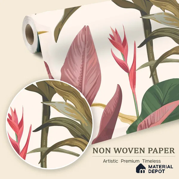 Cream Artistic Leaf Motif Botanical Wall Art | WP 03932 Non Woven Matte Finish Tropical Style Premium Customized size Wallpaper | 150 GSM WP01MTF Paper | (MOQ = 30 Sq. Ft.)