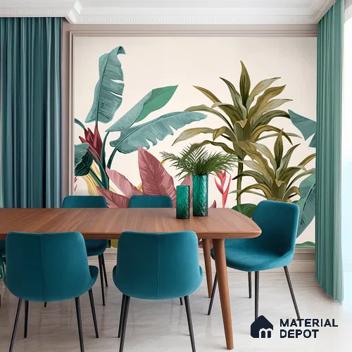 Cream Artistic Leaf Motif Botanical Wall Art | WP 03932 Non Woven Matte Finish Tropical Style Premium Customized size Wallpaper | 150 GSM WP01MTF Paper | (MOQ = 30 Sq. Ft.)
