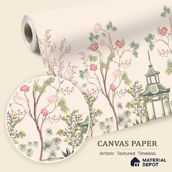 Light Peach Classic Asian Landscape Artistic Charm Designer | WP 03933 B Canvas Texture Finish Chinoiserie Style luxurious Customized size Wallpaper | 250 GSM WP01CNF Paper | (MOQ = 30 Sq. Ft.)