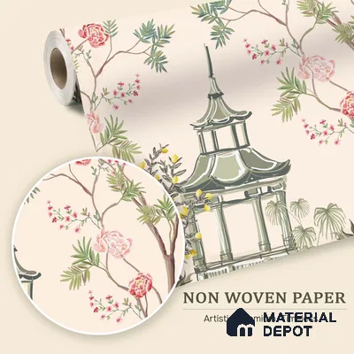 Light Peach Classic Asian Landscape Artistic Charm Designer | WP 03933 Non Woven Matte Finish Chinoiserie Style Premium Customized size Wallpaper | 150 GSM WP01MTF Paper | (MOQ = 30 Sq. Ft.)