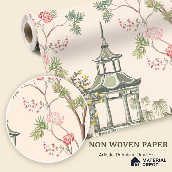Light Peach Classic Asian Landscape Artistic Charm Designer | WP 03933 Non Woven Matte Finish Chinoiserie Style Premium Customized size Wallpaper | 150 GSM WP01MTF Paper | (MOQ = 30 Sq. Ft.)