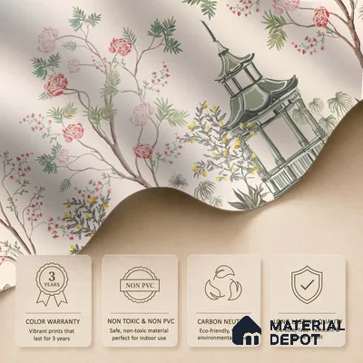Light Peach Classic Asian Landscape Artistic Charm Designer | WP 03933 Non Woven Matte Finish Chinoiserie Style Premium Customized size Wallpaper | 150 GSM WP01MTF Paper | (MOQ = 30 Sq. Ft.)