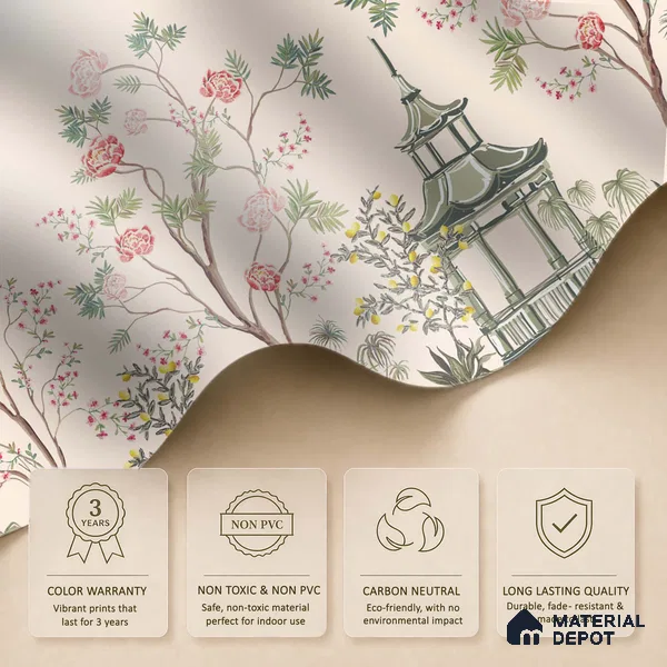 Light Peach Classic Asian Landscape Artistic Charm Designer | WP 03933 Non Woven Matte Finish Chinoiserie Style Premium Customized size Wallpaper | 150 GSM WP01MTF Paper | (MOQ = 30 Sq. Ft.)