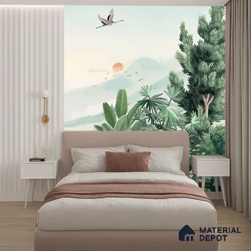 Misty Green Forest Valley Scenic Artistic Charm Designer | WP 03934 B Canvas Texture Finish Tropical Style luxurious Customized size Wallpaper | 250 GSM WP01CNF Paper | (MOQ = 30 Sq. Ft.)