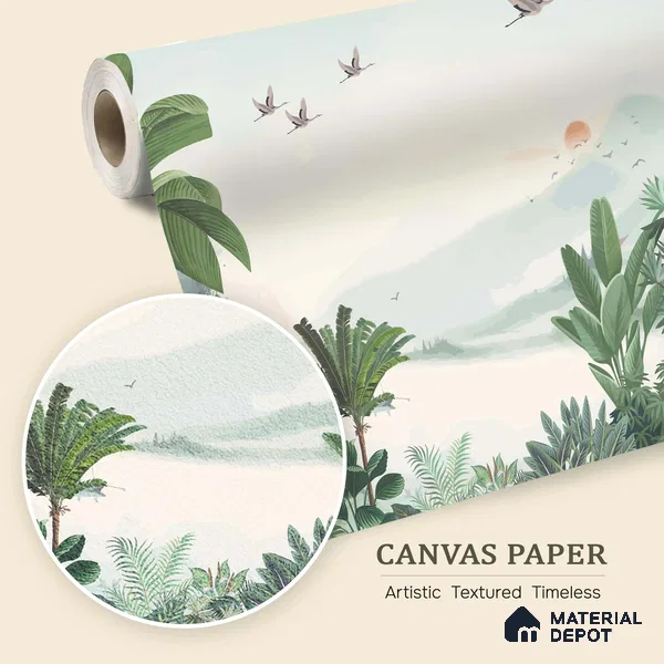 Misty Green Forest Valley Scenic Artistic Charm Designer | WP 03934 B Canvas Texture Finish Tropical Style luxurious Customized size Wallpaper | 250 GSM WP01CNF Paper | (MOQ = 30 Sq. Ft.)