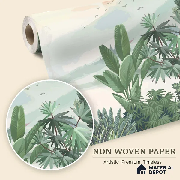 Misty Green Forest Valley Scenic Artistic Charm Designer | WP 03934 Non Woven Matte Finish Tropical Style Premium Customized size Wallpaper | 150 GSM WP01MTF Paper | (MOQ = 30 Sq. Ft.)