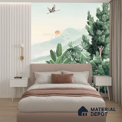 Misty Green Forest Valley Scenic Artistic Charm Designer | WP 03934 Non Woven Matte Finish Tropical Style Premium Customized size Wallpaper | 150 GSM WP01MTF Paper | (MOQ = 30 Sq. Ft.)