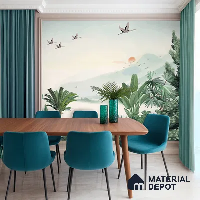 Misty Green Forest Valley Scenic Artistic Charm Designer | WP 03934 Non Woven Matte Finish Tropical Style Premium Customized size Wallpaper | 150 GSM WP01MTF Paper | (MOQ = 30 Sq. Ft.)