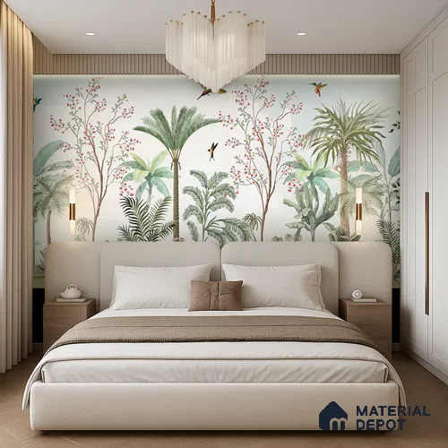Soft Mint Illustrated Woodland Canopy Tropical Mist Nature Art | WP 03935 B Canvas Texture Finish Chinoiserie Style luxurious Customized size Wallpaper | 250 GSM WP01CNF Paper | (MOQ = 30 Sq. Ft.)
