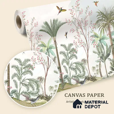 Soft Mint Illustrated Woodland Canopy Tropical Mist Nature Art | WP 03935 B Canvas Texture Finish Chinoiserie Style luxurious Customized size Wallpaper | 250 GSM WP01CNF Paper | (MOQ = 30 Sq. Ft.)