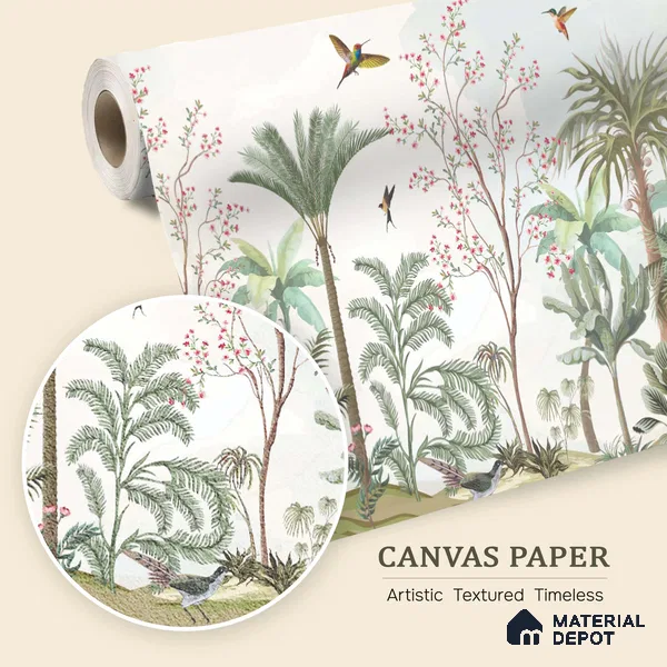 Soft Mint Illustrated Woodland Canopy Tropical Mist Nature Art | WP 03935 B Canvas Texture Finish Chinoiserie Style luxurious Customized size Wallpaper | 250 GSM WP01CNF Paper | (MOQ = 30 Sq. Ft.)