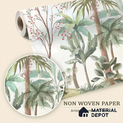 Soft Mint Illustrated Woodland Canopy Tropical Mist Nature Art | WP 03935 Non Woven Matte Finish Chinoiserie Style Premium Customized size Wallpaper | 150 GSM WP01MTF Paper | (MOQ = 30 Sq. Ft.)