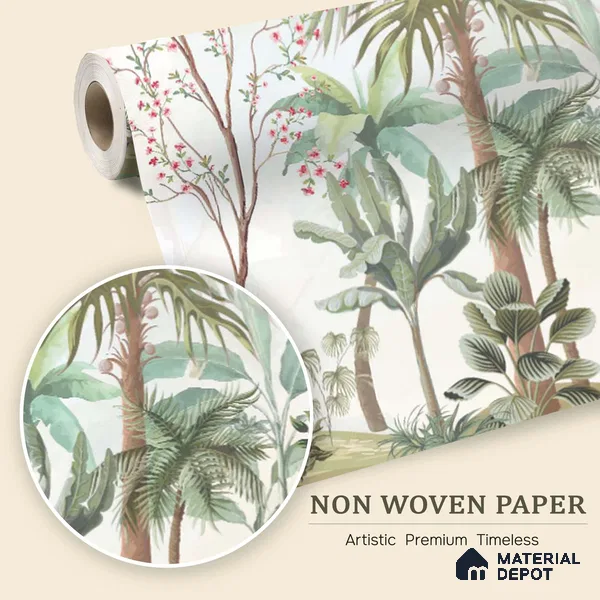 Soft Mint Illustrated Woodland Canopy Tropical Mist Nature Art | WP 03935 Non Woven Matte Finish Chinoiserie Style Premium Customized size Wallpaper | 150 GSM WP01MTF Paper | (MOQ = 30 Sq. Ft.)