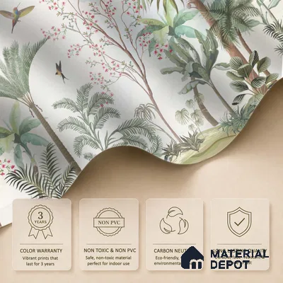 Soft Mint Illustrated Woodland Canopy Tropical Mist Nature Art | WP 03935 B Canvas Texture Finish Chinoiserie Style luxurious Customized size Wallpaper | 250 GSM WP01CNF Paper | (MOQ = 30 Sq. Ft.)