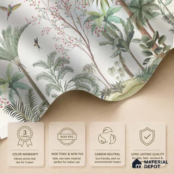 Soft Mint Illustrated Woodland Canopy Tropical Mist Nature Art | WP 03935 B Canvas Texture Finish Chinoiserie Style luxurious Customized size Wallpaper | 250 GSM WP01CNF Paper | (MOQ = 30 Sq. Ft.)
