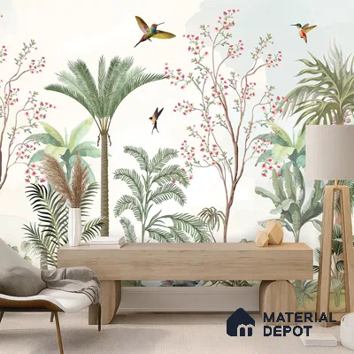 Soft Mint Illustrated Woodland Canopy Tropical Mist Nature Art | WP 03935 Non Woven Matte Finish Chinoiserie Style Premium Customized size Wallpaper | 150 GSM WP01MTF Paper | (MOQ = 30 Sq. Ft.)