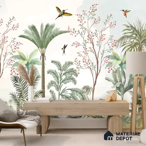 Soft Mint Illustrated Woodland Canopy Tropical Mist Nature Art | WP 03935 Non Woven Matte Finish Chinoiserie Style Premium Customized size Wallpaper | 150 GSM WP01MTF Paper | (MOQ = 30 Sq. Ft.)