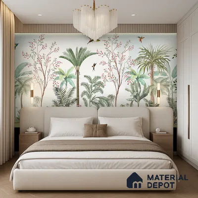 Soft Mint Illustrated Woodland Canopy Tropical Mist Nature Art | WP 03935 Non Woven Matte Finish Chinoiserie Style Premium Customized size Wallpaper | 150 GSM WP01MTF Paper | (MOQ = 30 Sq. Ft.)