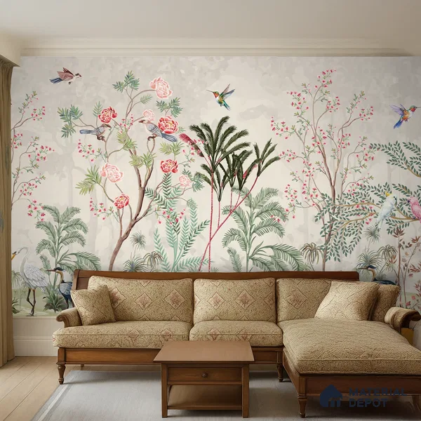 Warm Stone Birdlife Estate Mural Artistic Charm Designer | WP 03936 B Canvas Texture Finish Chinoiserie Style luxurious Customized size Wallpaper | 250 GSM WP01CNF Paper | (MOQ = 30 Sq. Ft.)