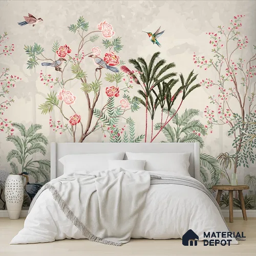 Warm Stone Birdlife Estate Mural Artistic Charm Designer | WP 03936 B Canvas Texture Finish Chinoiserie Style luxurious Customized size Wallpaper | 250 GSM WP01CNF Paper | (MOQ = 30 Sq. Ft.)