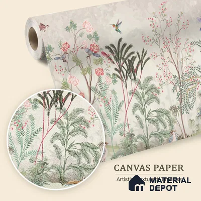 Warm Stone Birdlife Estate Mural Artistic Charm Designer | WP 03936 B Canvas Texture Finish Chinoiserie Style luxurious Customized size Wallpaper | 250 GSM WP01CNF Paper | (MOQ = 30 Sq. Ft.)
