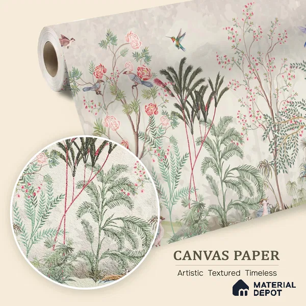 Warm Stone Birdlife Estate Mural Artistic Charm Designer | WP 03936 B Canvas Texture Finish Chinoiserie Style luxurious Customized size Wallpaper | 250 GSM WP01CNF Paper | (MOQ = 30 Sq. Ft.)