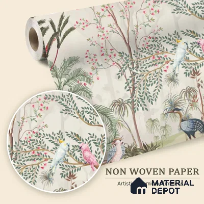Warm Stone Birdlife Estate Mural Artistic Charm Designer | WP 03936 Non Woven Matte Finish Chinoiserie Style Premium Customized size Wallpaper | 150 GSM WP01MTF Paper | (MOQ = 30 Sq. Ft.)