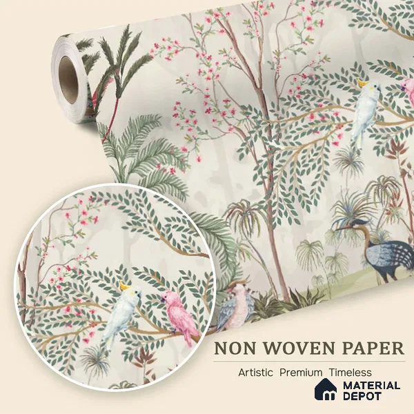 Warm Stone Birdlife Estate Mural Artistic Charm Designer | WP 03936 Non Woven Matte Finish Chinoiserie Style Premium Customized size Wallpaper | 150 GSM WP01MTF Paper | (MOQ = 30 Sq. Ft.)