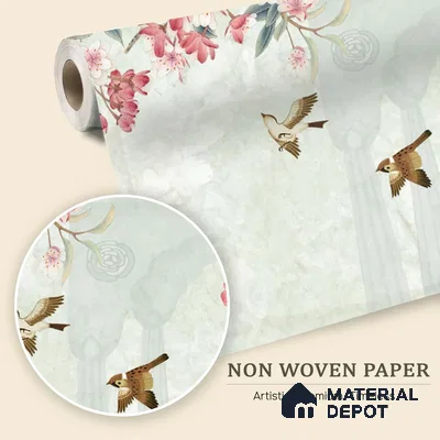 Pale Jade Cherry Blossom Mural Ornate Birds Chinoserie Classic | WP 03938 Non Woven Matte Finish Chinoiserie Style Premium Customized size Wallpaper | 150 GSM WP01MTF Paper | (MOQ = 30 Sq. Ft.) | Design change not possible