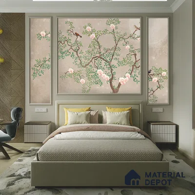 Warm Taupe Floral Branch Serenity Chinoserie Blossom Mural Art | WP 03939 B Canvas Texture Finish Chinoiserie Style luxurious Customized size Wallpaper | 250 GSM WP01CNF Paper | (MOQ = 30 Sq. Ft.) | Design change not possible