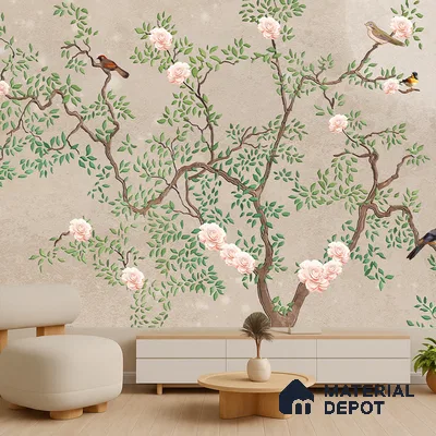 Warm Taupe Floral Branch Serenity Chinoserie Blossom Mural Art | WP 03939 B Canvas Texture Finish Chinoiserie Style luxurious Customized size Wallpaper | 250 GSM WP01CNF Paper | (MOQ = 30 Sq. Ft.) | Design change not possible