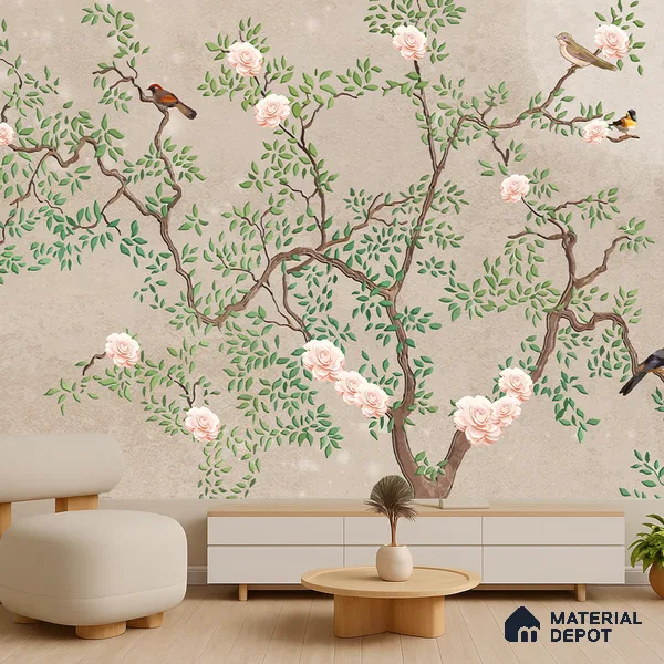 Warm Taupe Floral Branch Serenity Chinoserie Blossom Mural Art | WP 03939 B Canvas Texture Finish Chinoiserie Style luxurious Customized size Wallpaper | 250 GSM WP01CNF Paper | (MOQ = 30 Sq. Ft.) | Design change not possible