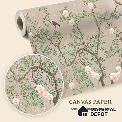 Warm Taupe Floral Branch Serenity Chinoserie Blossom Mural Art | WP 03939 B Canvas Texture Finish Chinoiserie Style luxurious Customized size Wallpaper | 250 GSM WP01CNF Paper | (MOQ = 30 Sq. Ft.) | Design change not possible