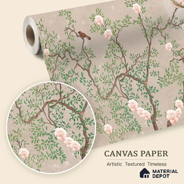 Warm Taupe Floral Branch Serenity Chinoserie Blossom Mural Art | WP 03939 B Canvas Texture Finish Chinoiserie Style luxurious Customized size Wallpaper | 250 GSM WP01CNF Paper | (MOQ = 30 Sq. Ft.) | Design change not possible