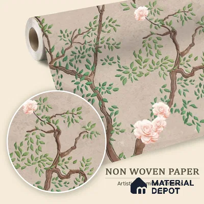 Warm Taupe Floral Branch Serenity Chinoserie Blossom Mural Art | WP 03939 Non Woven Matte Finish Chinoiserie Style Premium Customized size Wallpaper | 150 GSM WP01MTF Paper | (MOQ = 30 Sq. Ft.) | Design change not possible