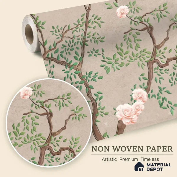 Warm Taupe Floral Branch Serenity Chinoserie Blossom Mural Art | WP 03939 Non Woven Matte Finish Chinoiserie Style Premium Customized size Wallpaper | 150 GSM WP01MTF Paper | (MOQ = 30 Sq. Ft.) | Design change not possible